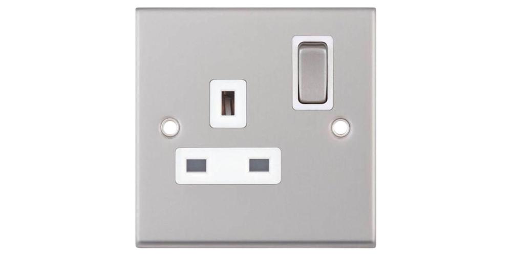 1-Gang 13 Amp Socket DP Switched Satin Chrome with White Insert