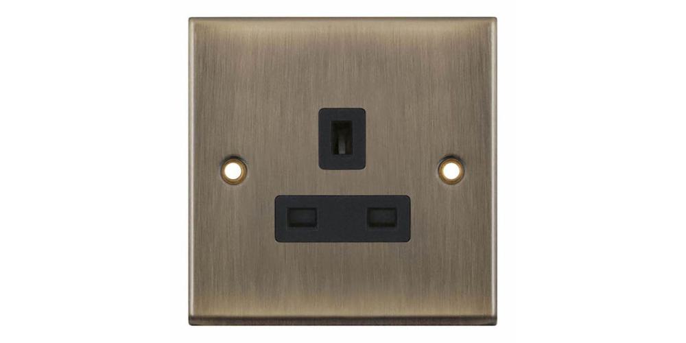 1-Gang 13 Amp Socket Unswitched Antique Brass with Black Inserts