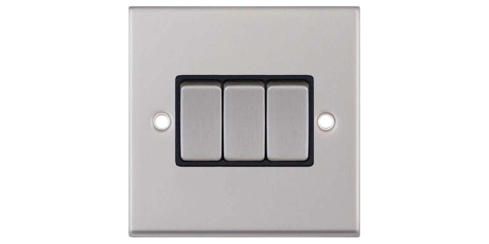 10 Amp Plate Switch 3-Gang 2-Way Satin Chrome with Black Inserts