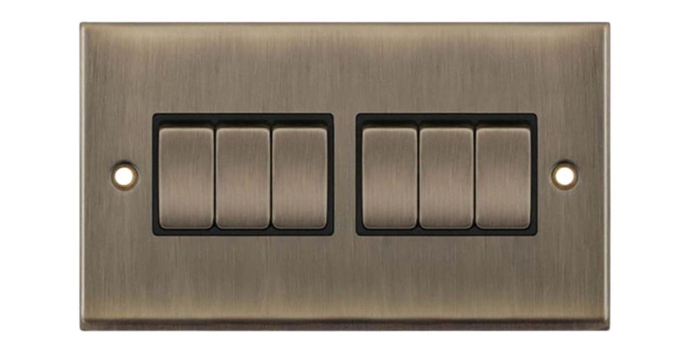 10 Amp Plate Switch 6-Gang 2-Way Antique Brass with Black Inserts