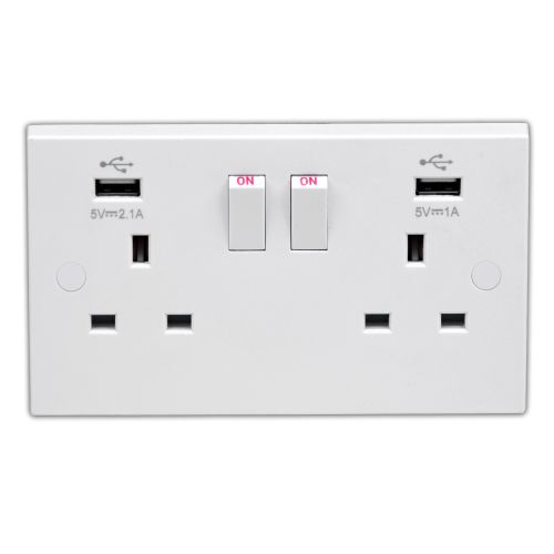 2 Gang 13 Amp DP Switched Socket White c/w USB ports