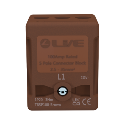 Live Electrical Brown Terminal Block 5P 100A Terminal Capacity up to 35mm²