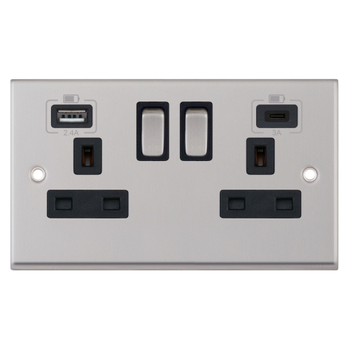 Selectric 2 Gang 13 Amp Socket w 2 x USB Ports – Switched - Satin Chrome with Black Inserts