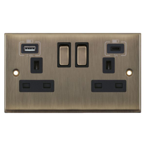 2 Gang 13 Amp Socket with 2 x USB Ports - Antique Brass with Black Inserts Switched