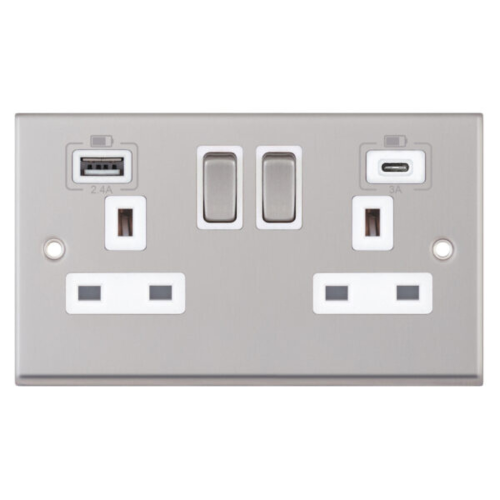 Selectric 2 Gang 13 Amp Socket with 2 x USB Ports - Switched - Satin Chrome with White Inserts