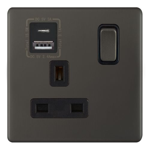 Selectric 1 Gang 13 Amp Socket USB Type C & A Dark Bronze with Black Insert