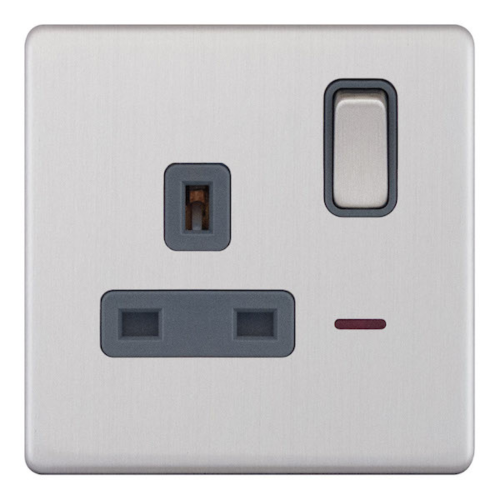 Selectric 1 Gang 13 Amp Socket w/ LED Neon DP Switched Satin Chrome Grey Inserts