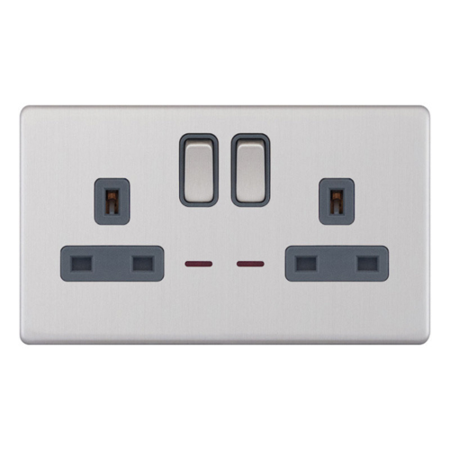 Selectric 2G 13A Socket w/ LED Neons DP Switched Satin Chrome Grey Inserts