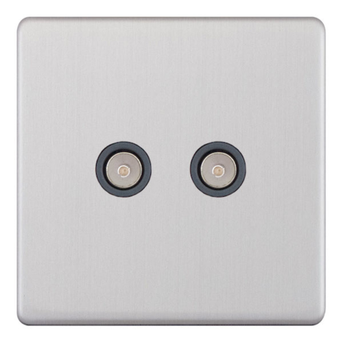Selectric 2 Gang TV/FM ﻿Coaxial/Aerial Socket Satin Chrome Grey Inserts