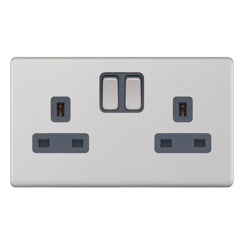 Selectric 2 Gang 13 Amp Socket SP Switched Satin Chrome Grey Inserts