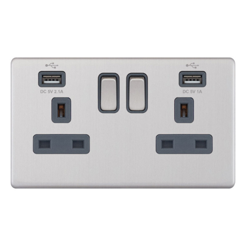 Selectric 2G 13A Socket w/ 2 x USB Ports SP Switched Satin Chrome Grey Inserts