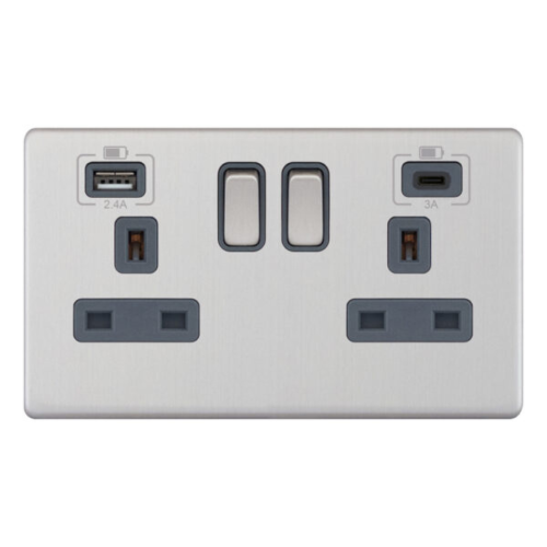 Selectric 2 Gang 13 Amp Socket with 2 x USB Ports SP Switched Grey Inserts