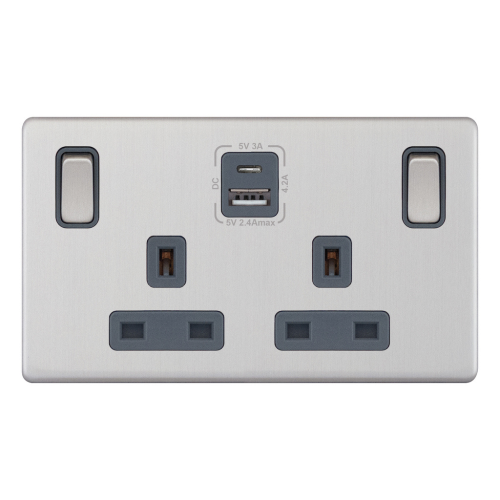 Selectric 13A Socket 2G Switched SP USB Type A/USB Type C (2.4A / 3A) Satin Chrome Grey Inserts