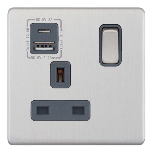 Selectric 1G 13A Socket USB Type C & A Satin Chrome Grey Insert