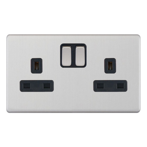 Selectric 2 Gang 13 Amp Socket SP Switched Satin Chrome Black Inserts