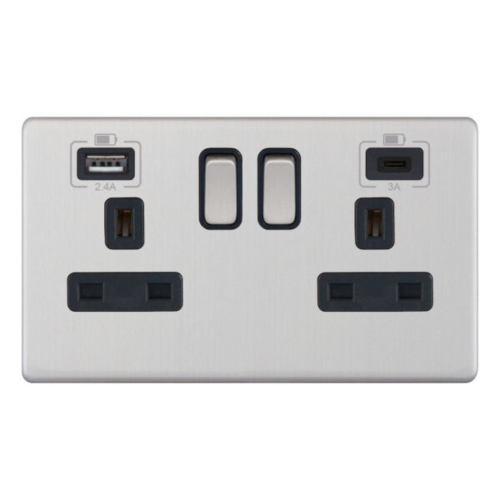 Selectric 2 Gang 13 Amp Socket with 2 x USB Ports SP Switched Satin Chrome