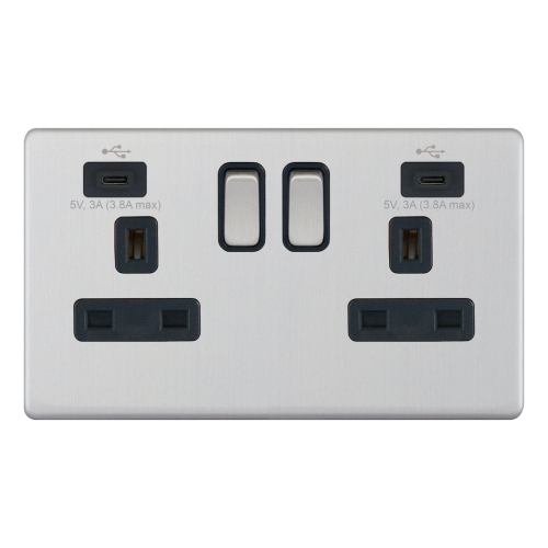 Selectric 2G Switched Socket w/ 2 x USB Type C (3A / 3A) Satin Chrome Black Inserts