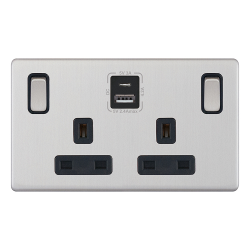 Selectric 13A Socket 2G Switched SP USB Type A/USB Type C (2.4A / 3A) Satin Chrome Black Inserts