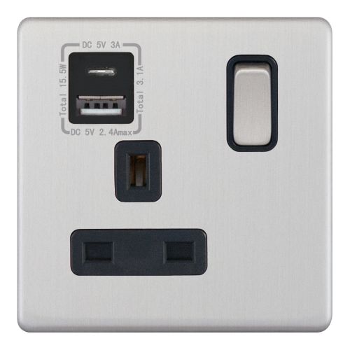 Selectric 1 Gang 13A Socket with 1 x USB Type C & Type A Satin Chrome Black Insert