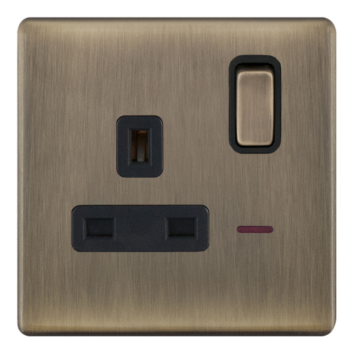 Selectric 1 Gang 13 Amp Socket w/ LED Neon DP Switched Antique Brass