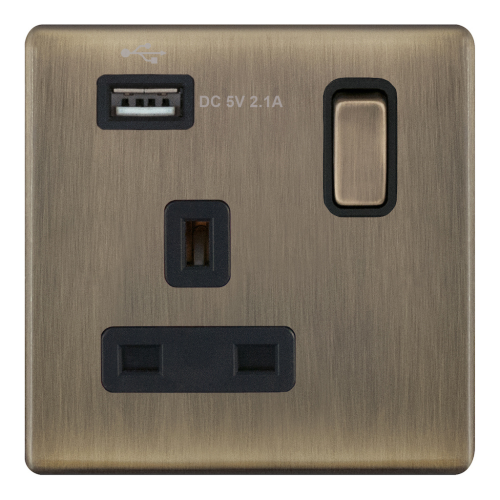 Selectric 1G 13A Socket w/ 1 x USB Port SP Switched Antique Brass 