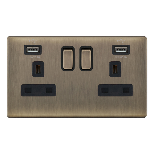 Selectric 2G 13A Socket w/ 2 x USB Ports SP Switched Antique Brass