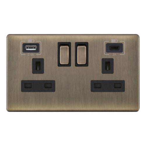 Selectric 2 Gang 13 Amp Socket with 2 x USB Ports SP Switched Antique Brass