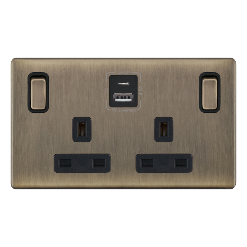 Selectric 13A Socket 2G Switched SP USB Type A/USB Type C (2.4A / 3A) Antique Brass