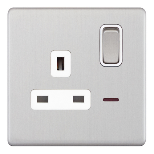 Selectric 1 Gang 13 Amp Socket w/ LED Neon DP Switched Satin Chrome