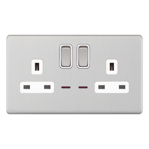 Selectric 2 Gang 13 Amp Socket w/ LED Neons DP Switched Satin Chrome