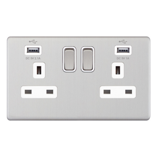 Selectric 2G 13A Socket w/ 2 x USB Ports SP Switched Satin Chrome