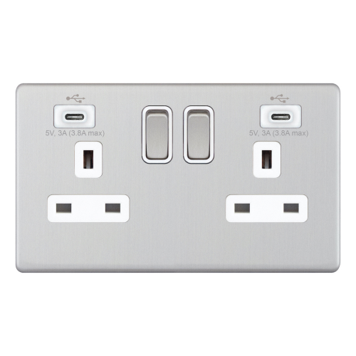 Selectric 2 Gang Switched Socket w/ 2 x USB Type C (3A / 3A) Satin Chrome