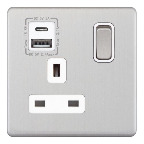 Selectric 1 Gang 13 Amp Socket with USB Type C & Type A Satin Chrome White Insert