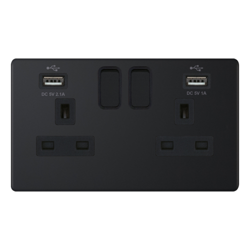 Selectric 2G 13A Socket w/ 2 x USB Ports SP Switched Matt Black 