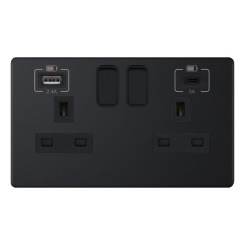 Selectric 2 Gang 13 Amp Socket with 2 x USB Ports SP Switched Matt Black