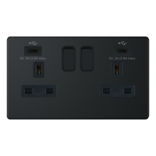Selectric 2G Switched Socket w/ 2 x USB Type C (3A / 3A) Matt Black