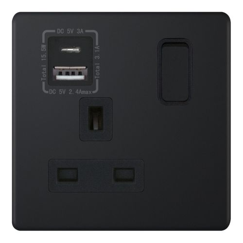 Selectric 1 Gang 13A Socket USB Type C & A Matt Black with Black Inserts