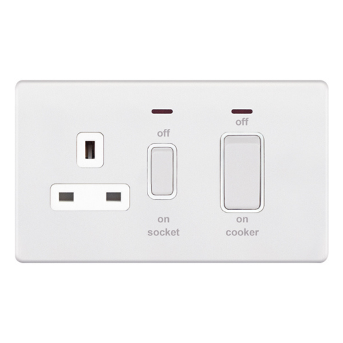 Selectric 45 Amp Cooker Unit w/ 13 Amp Socket & LED Neon Matt White
