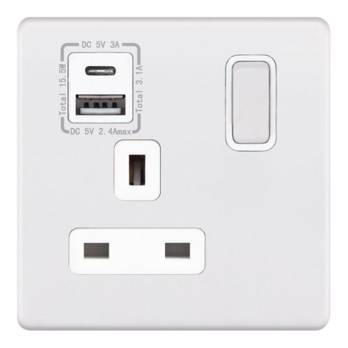 Selectric 1 Gang 13 Amp Socket USB Type C & A Matt White with White Inserts