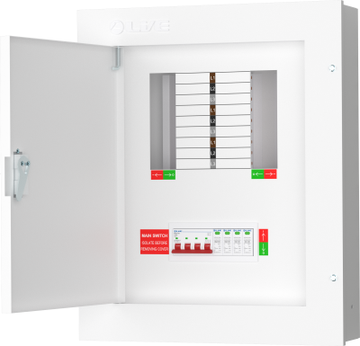 Live 6 Way Three Phase Board c/w 125A Main Switch Incomer+4P20KA-40KA Surge Device