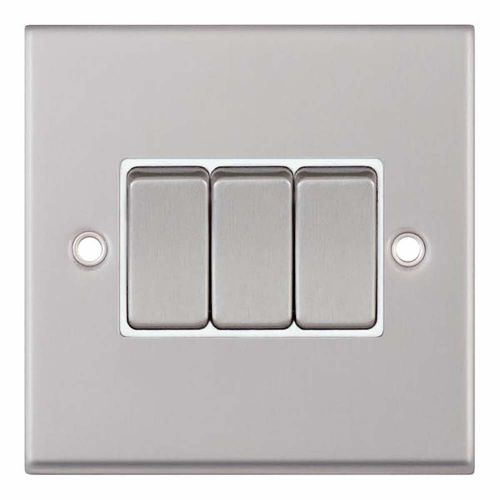 10 Amp Plate Switch  3 Gang 2 Way - Satin Chrome with White Inserts