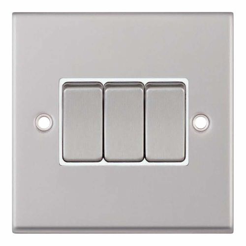 10 Amp Plate Switch  3 Gang 2 Way - Satin Chrome with White Inserts