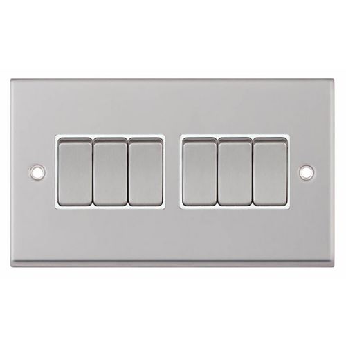 10 Amp Plate Switch  6 Gang 2 Way - Satin Chrome with White Insert