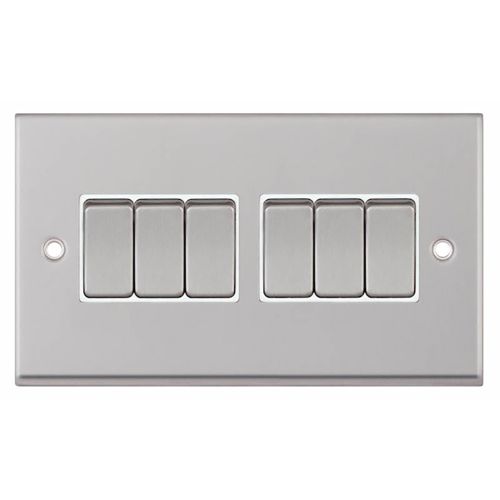 10 Amp Plate Switch  6 Gang 2 Way - Satin Chrome with White Insert