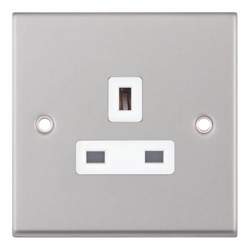 1 Gang 13 Amp Socket Unswitched - Satin Chrome with White Inserts 
