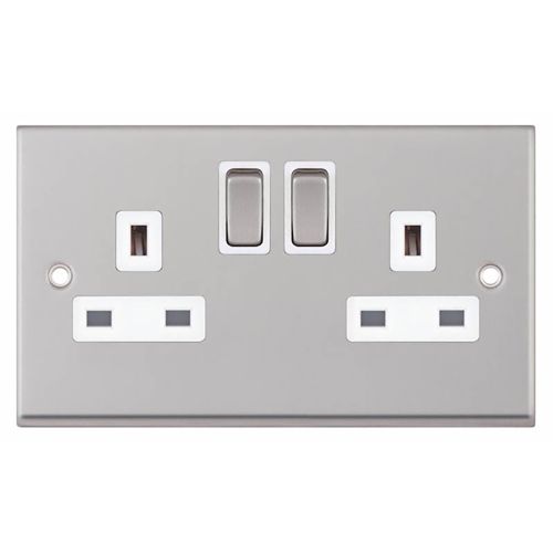 2 Gang 13 Amp Socket DP Switched - Satin Chrome with White Inserts 