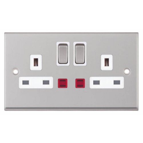 Selectric 2 Gang 13 Amp Socket with Neons DP Switched Satin Chrome