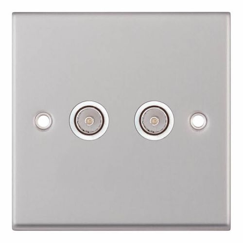 2 Gang TV/FM ﻿Coaxial/Aerial Socket - Satin Chrome with White Insert 