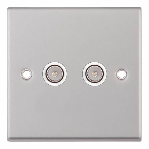 2 Gang TV/FM ﻿Coaxial/Aerial Socket - Satin Chrome with White Insert 