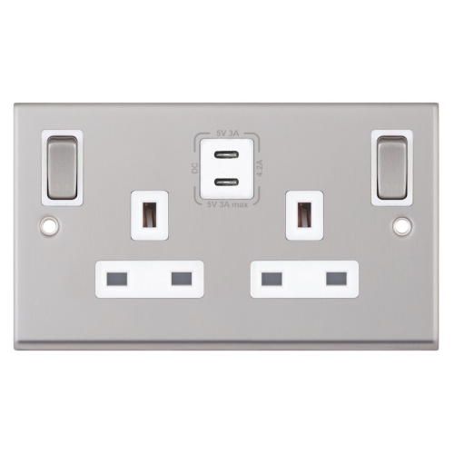 Selectric 13 Amp Socket Outlet 2 Gang Switched SP Outboard Rockers Satin Chrome